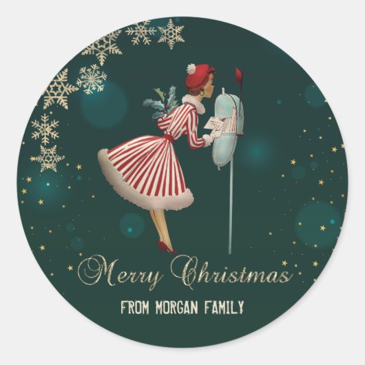 Vintage kersteekhoorn, Snowflakes Ronde Sticker (Voorkant)