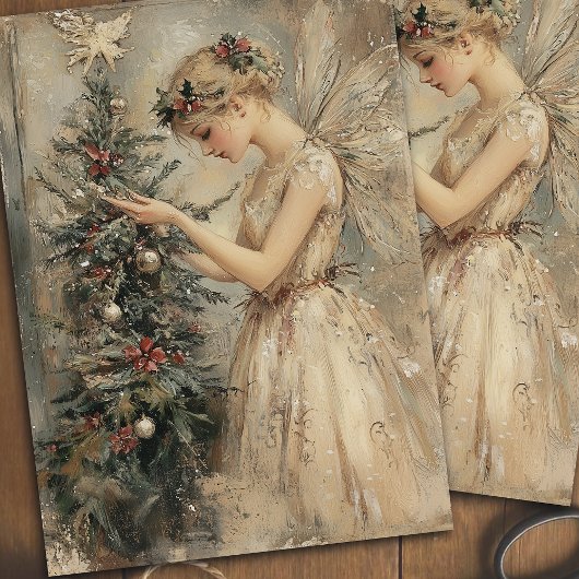 Vintage Kerstelf met Boom Decoupage Tissuepapier