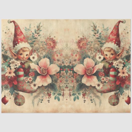 Vintage Kerstelfen & Bloemendecoupe Tissuepapier (Voorkant)