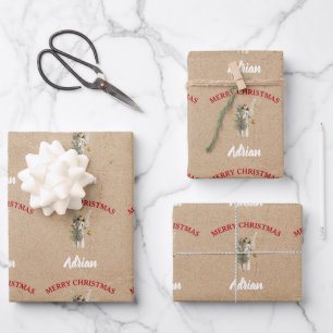 Vintage-kerstengel en -boom - Aangepaste naam Kraf Inpakpapier Vel