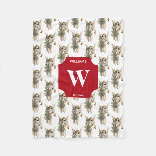 Vintage-kerstengel en -boomvakantie-monogrammen fleece deken (Voorkant)