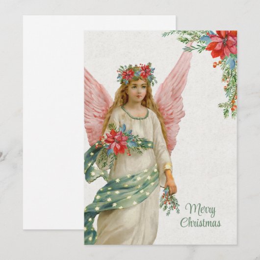 Vintage kerstengel en Poinsettias Feestdagenkaart (Voorkant / Achterkant)