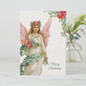 Vintage kerstengel en Poinsettias Feestdagenkaart (Staand voorkant)