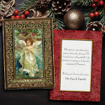 Vintage kerstengel en Star Feestdagenkaart<br><div class="desc">Mooie kerstengel in vloeiend wit gewaad en vleugels,  omgeven door goudster en hulst op wolken achtergrond omzoomd door  gouden lijst. Aanvullend afbeelding op achteruit met aanpasbare tekst. Bijpassende adresetiketten en postzegels beschikbaar.</div>