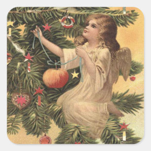 Vintage kerstengel hangende decoratieboom vierkante sticker