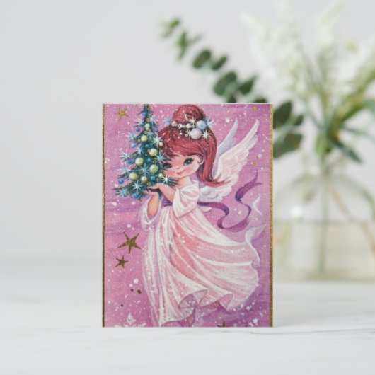 Vintage kerstengel Holding Tree Feestdagenkaart (Staand voorkant)