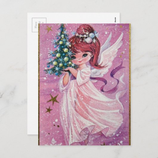 Vintage kerstengel Holding Tree Feestdagenkaart (Voorkant / Achterkant)