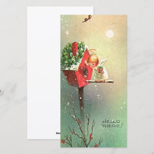 Vintage-kerstengel in Birdhouse Feestdagenkaart (Voorkant / Achterkant)