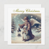 Vintage Kerstengel ,Kind en Vogels Feestdagenkaart (Voorkant / Achterkant)