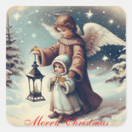 Vintage Kerstengel, Kind en Vogels Vierkante Sticker