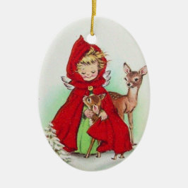 Vintage-kerstengel met Baby Deer-boom Keramisch Ornament
