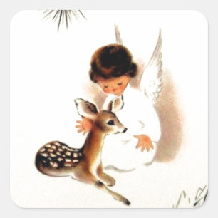 Vintage-kerstengel met Baby Deer Vierkante Sticker