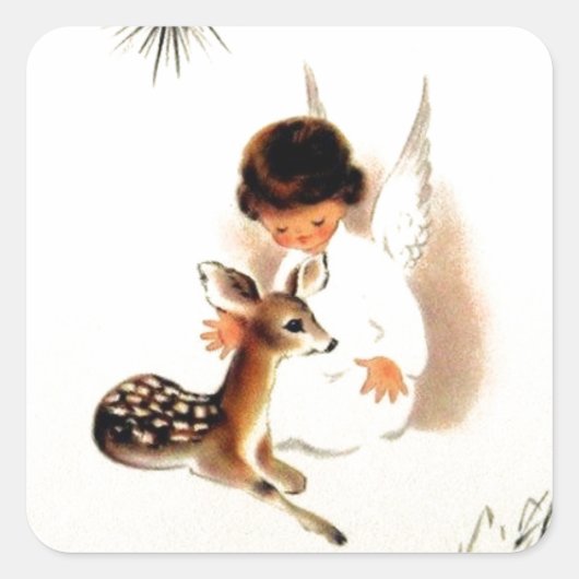 Vintage-kerstengel met Baby Deer Vierkante Sticker (Voorkant)