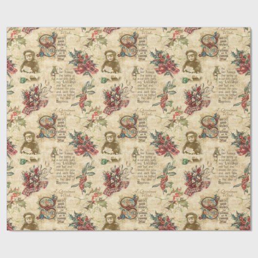 Vintage kerstephemera, Holly &  tekst Cadeaupapier (Vlak)