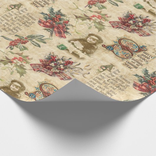 Vintage kerstephemera, Holly &  tekst Cadeaupapier (Hoek)