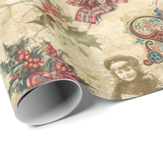 Vintage kerstephemera, Holly &  tekst Cadeaupapier (Rol Hoek)