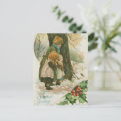 Vintage-kerstfamilie op kerstochtend feestdagenkaart (Staand voorkant)