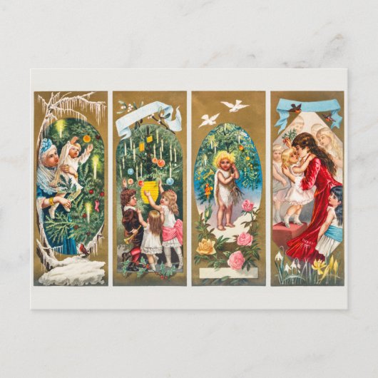 Vintage kerstfamilies en kerstbomen feestdagenkaart (Voorkant)