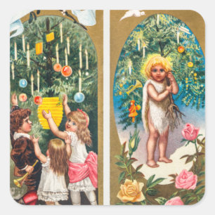 Vintage kerstfamilies en kerstbomen vierkante sticker