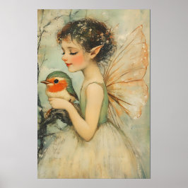 Vintage Kerstfee met Robin Whimsical Poster