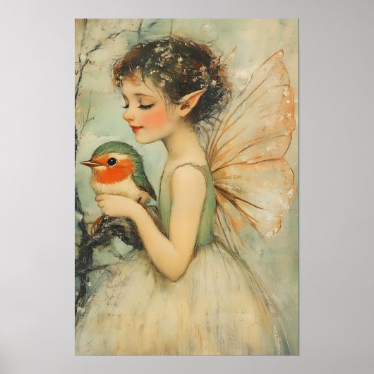 Vintage Kerstfee met Robin Whimsical Poster (Voorkant)