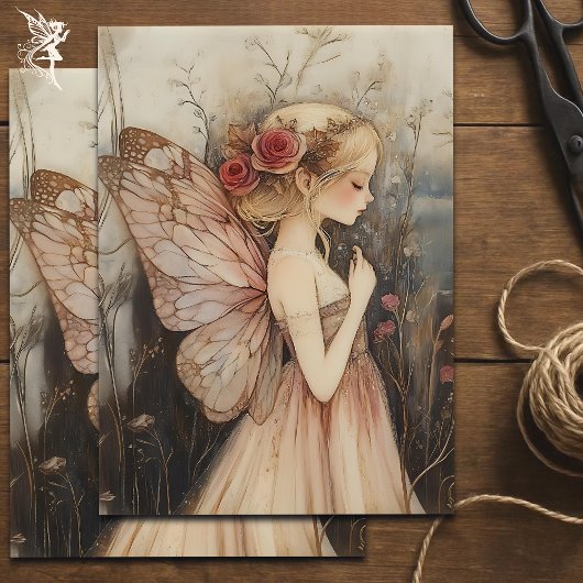 Vintage kerstfee met roze roos tissuepapier