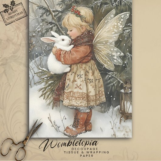 Vintage Kerstfee met Snowy Bunny Scene Tissuepapier