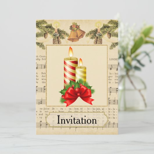 Vintage-kerstfeest uitnodiging met kaarsen (Staand voorkant)