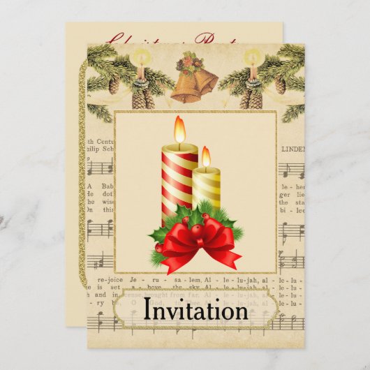 Vintage-kerstfeest uitnodiging met kaarsen (Voorkant / Achterkant)