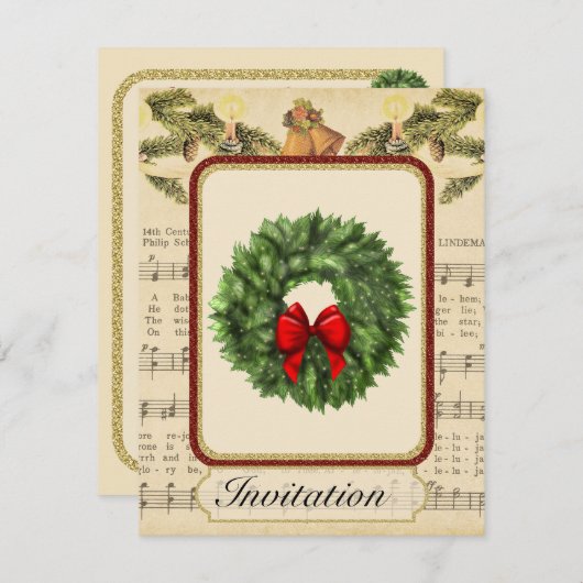 Vintage kerstfeest uitnodiging met kerst (Voorkant / Achterkant)