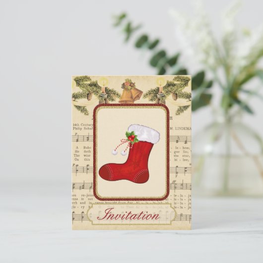 Vintage kerstfeest uitnodiging met kerst (Staand voorkant)