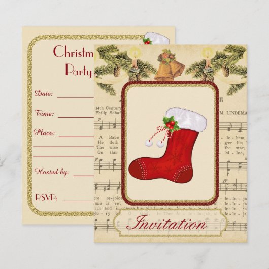 Vintage kerstfeest uitnodiging met kerst (Voorkant / Achterkant)