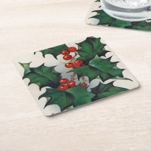 Vintage kerstfeestbessen kartonnen onderzetters (Schuin)