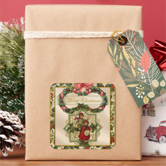 vintage Kerstfeestdag kinderen Vierkante Sticker (Feestdagen)