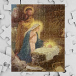 Vintage kerstfeestmaal, Mary Joseph Baby Jesus Legpuzzel<br><div class="desc">illustratie van het religieuze kerstvakantie-afbeelding met een klassieke nationaliteit. Een Christelijke religieuze familierelocatie met Mary,  Joseph en de baby Jezus Christus in de Manger in Bethlehem. Artiest: Hy Hintermeister.</div>
