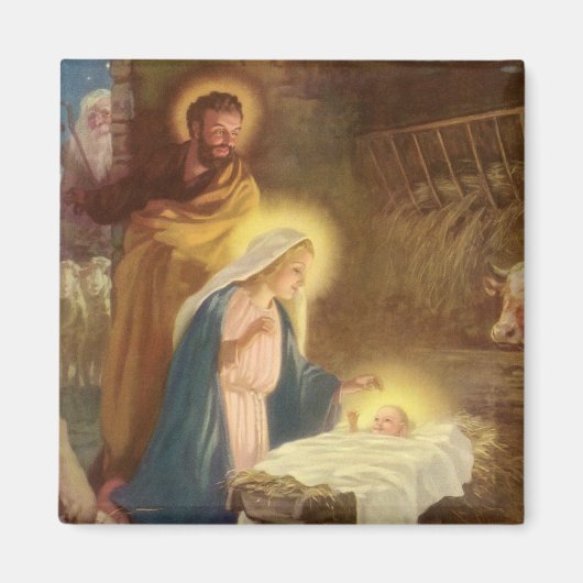 Vintage kerstfeestmaal, Mary Joseph Baby Jesus Magneet (Voorkant)