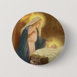 Vintage kerstfeestmaal, Mary Joseph Baby Jesus Ronde Button 5,7 Cm