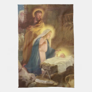 Vintage kerstfeestmaal, Mary Joseph Baby Jesus Theedoek