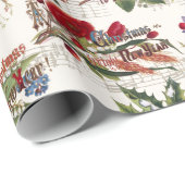 Vintage-kerstflora met muziek en  tekst cadeaupapier (Rol Hoek)