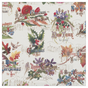 Vintage-kerstflora met muziek en tekst stof
