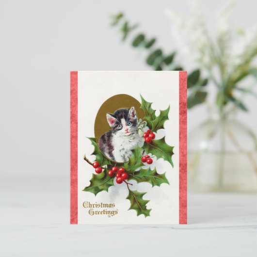 Vintage kerstgroet Cute Kitten Cat Briefkaart (Staand voorkant)