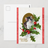 Vintage kerstgroet Cute Kitten Cat Briefkaart (Voorkant / Achterkant)