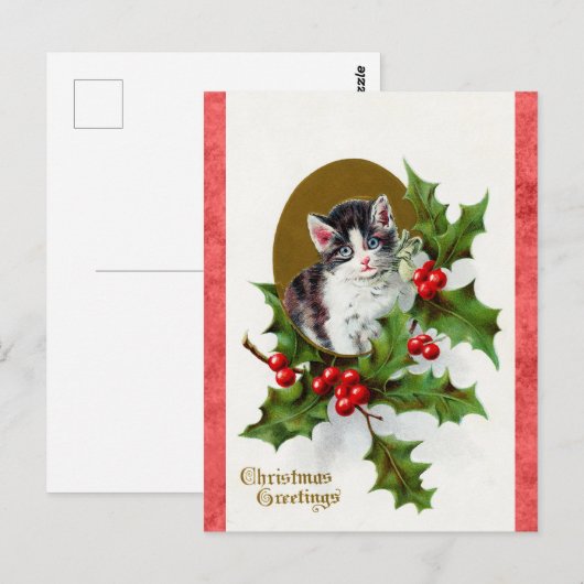 Vintage kerstgroet Cute Kitten Cat Briefkaart (Voorkant / Achterkant)
