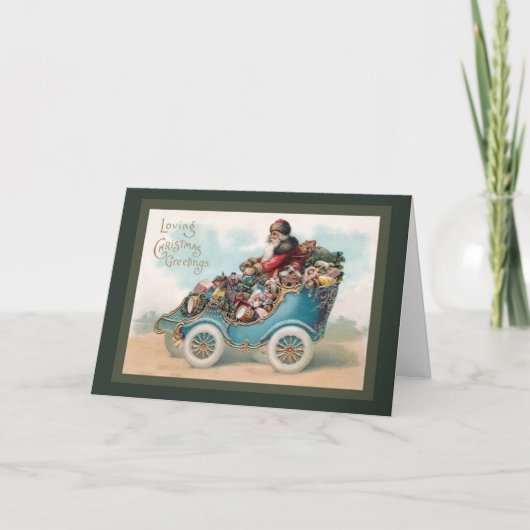 Vintage kerstgroet - Kerstman in de auto Feestdagen Kaart (Voorkant)