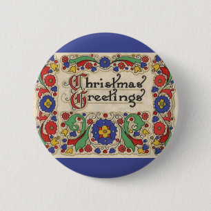 Vintage kerstgroet met decoratieve rand ronde button 5,7 cm