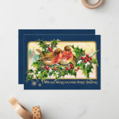 Vintage kerstgroet Vogels Holly Faux Gold Notitiekaartje (Voorkant / Achterkant in situ)