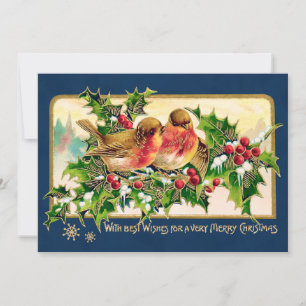 Vintage kerstgroet Vogels Holly Faux Gold Notitiekaartje