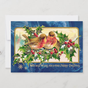 Vintage kerstgroet Vogels Holly Faux Gold Notitiekaartje