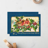 Vintage kerstgroet Vogels Holly Faux Gold Notitiekaartje (Voorkant / Achterkant in situ)