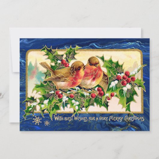 Vintage kerstgroet Vogels Holly Faux Gold Notitiekaartje (Voorkant)